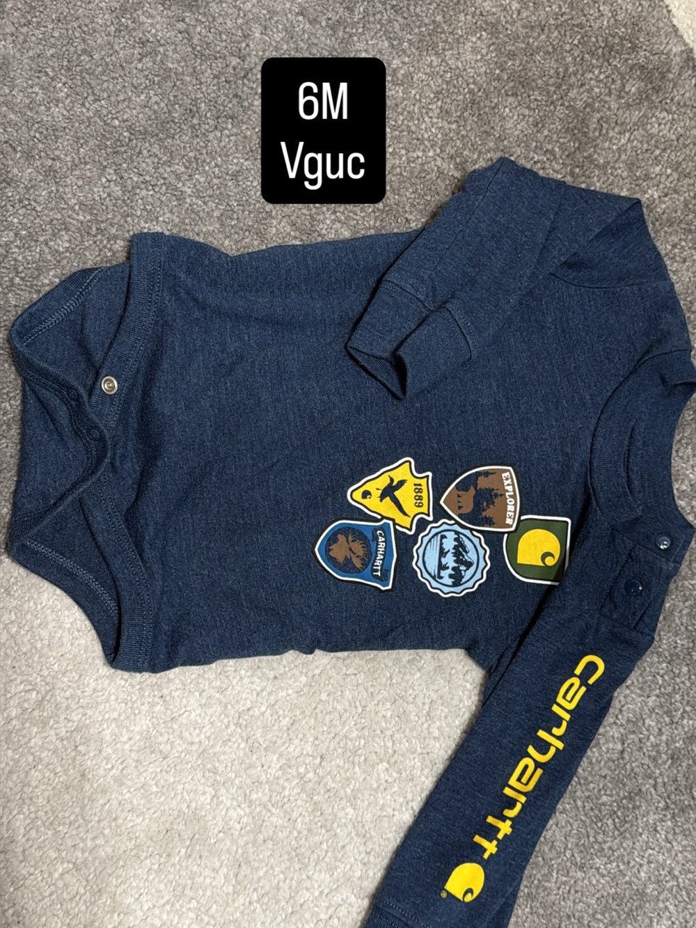 Carhartt Navy Blue Long-Sleeve Baby Bodysuit with Badge Graphics